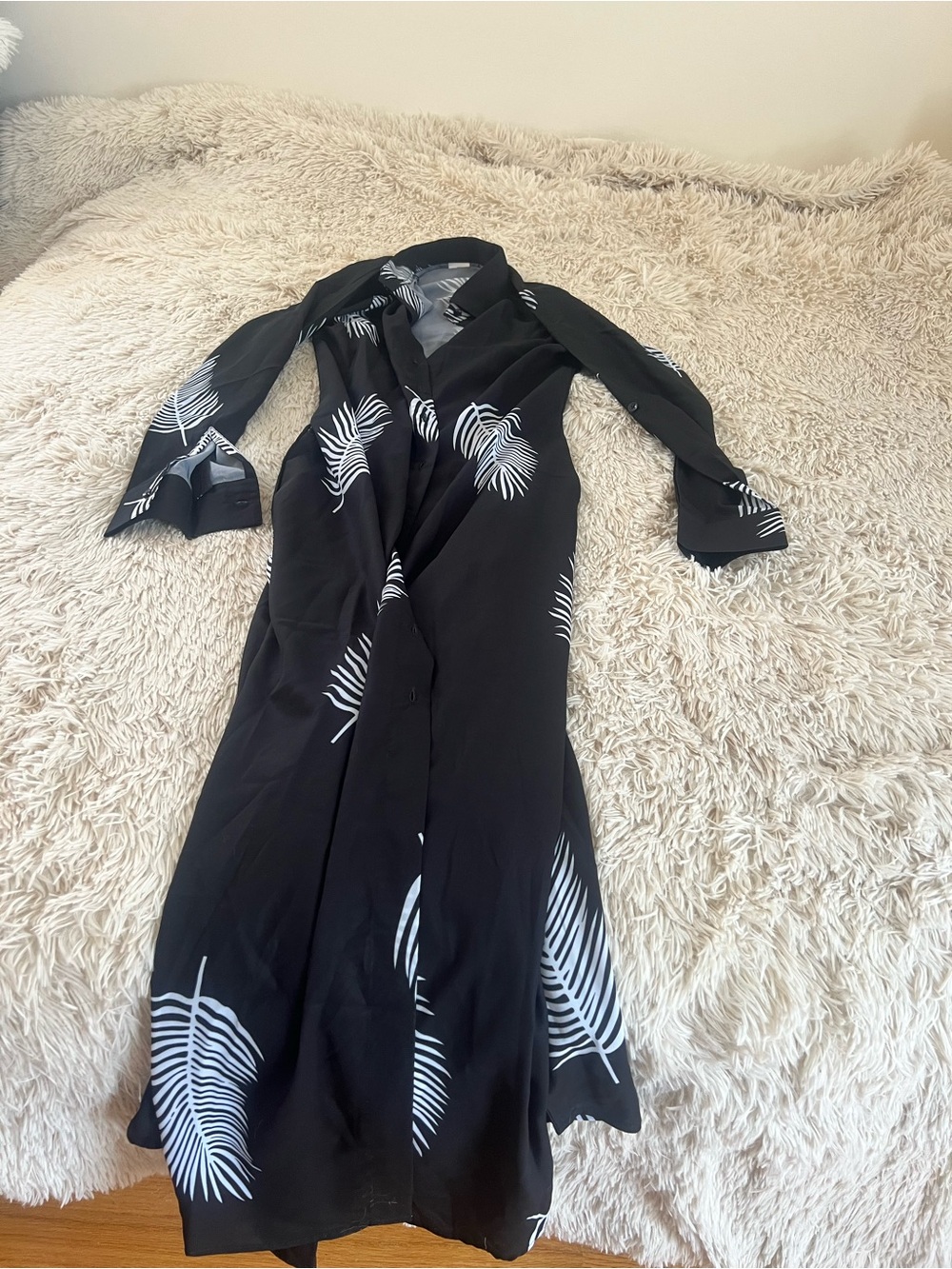 Black Long Sleeve Maxi Dress with White Leaf Print